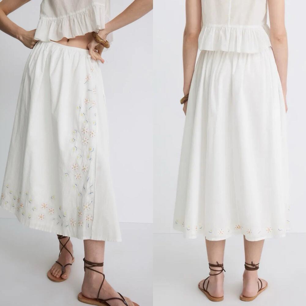Ciao Lucia New White Embroidered Floral Izar Wrap Cotton Midi Skirt Small